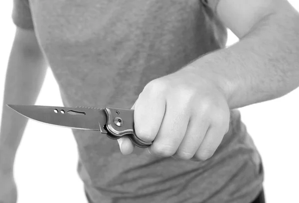 Young man holding knife isolated on white background — Stock Photo, Image