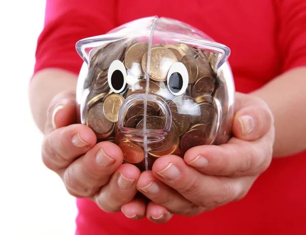 Piggy bank a mãos ou conceito de finanças . — Fotografia de Stock