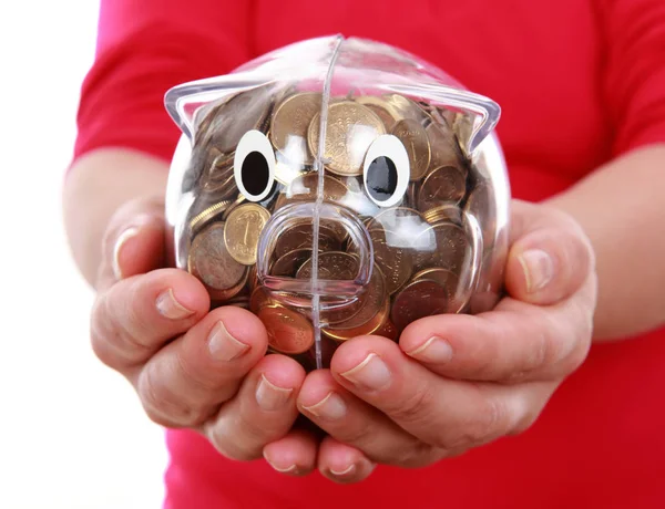 Sparschwein auf Händen oder Finanzierungskonzept. — Stockfoto