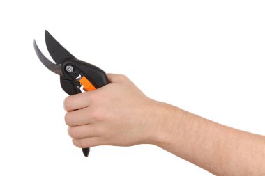 Beyaz bir arka plan üzerinde izole el Bahçe makası