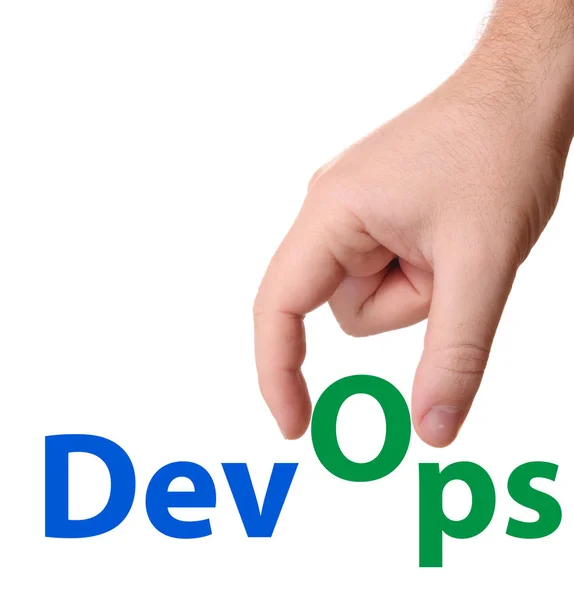 Signo conceptual de DevOps (Desarrollo y Operaciones) con la mano — Foto de Stock