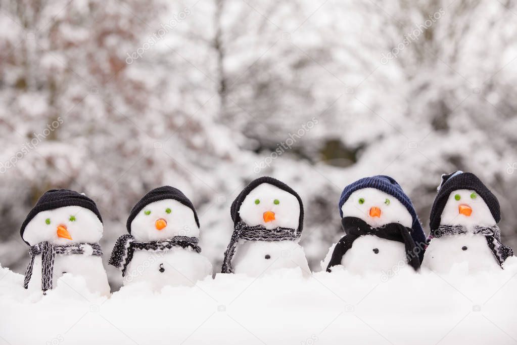 Five cute snowmen facing forward