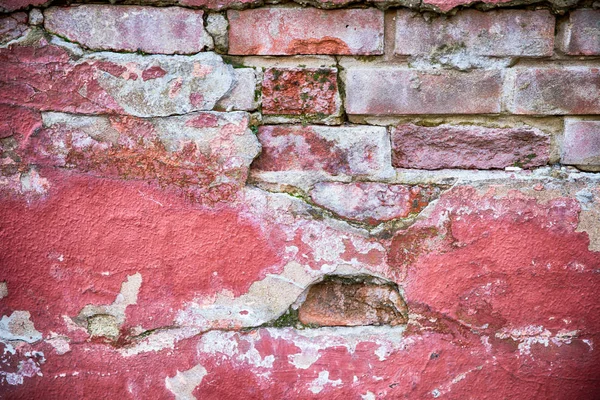 Grunge red wall with broken plaster close up — Stock Photo, Image