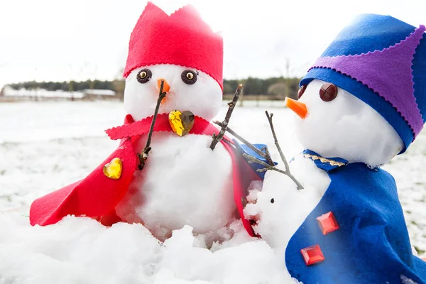 Krallar gibi giyinmiş iki sevimli kardan adam
