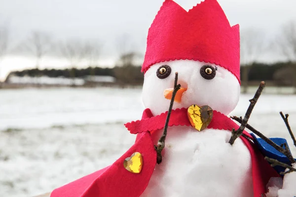 Χαριτωμένο χιονάνθρωπος ντυμένος ως βασιλιάς με κορώνα και ένα ακρωτήριο — Φωτογραφία Αρχείου