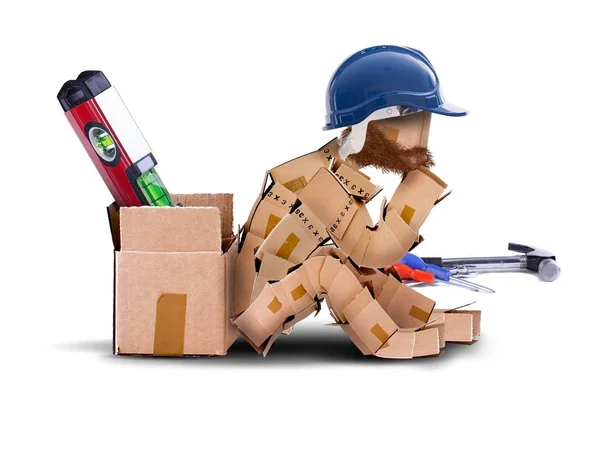 Box character handyman character sat thinking — Stock Photo, Image