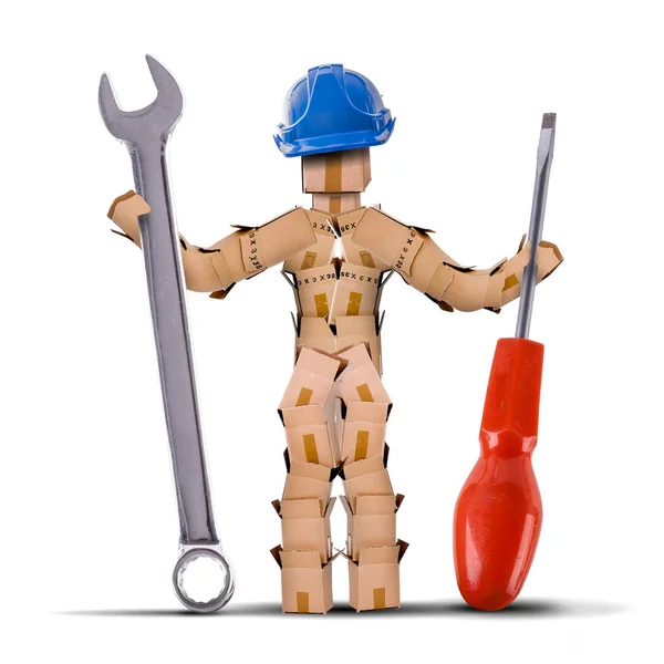 Construtor de caracteres de caixa segurando ferramentas — Fotografia de Stock