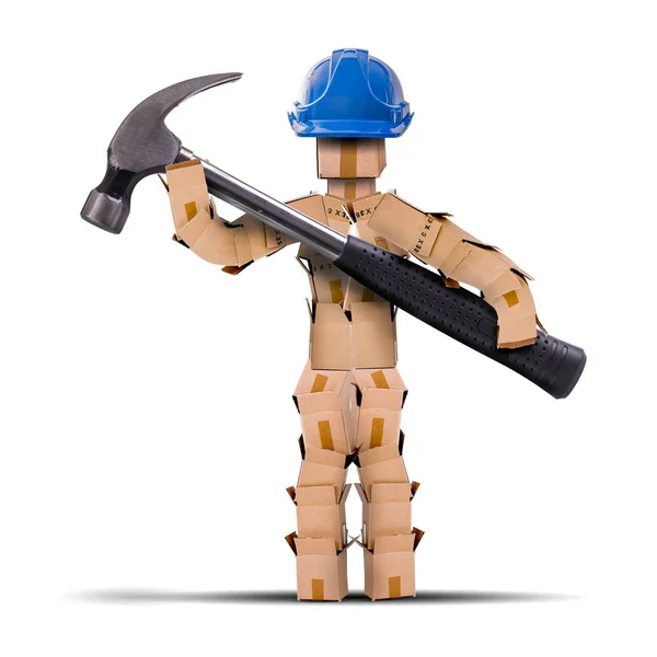 Trabalhador de personagem de caixa segurando um martelo — Fotografia de Stock