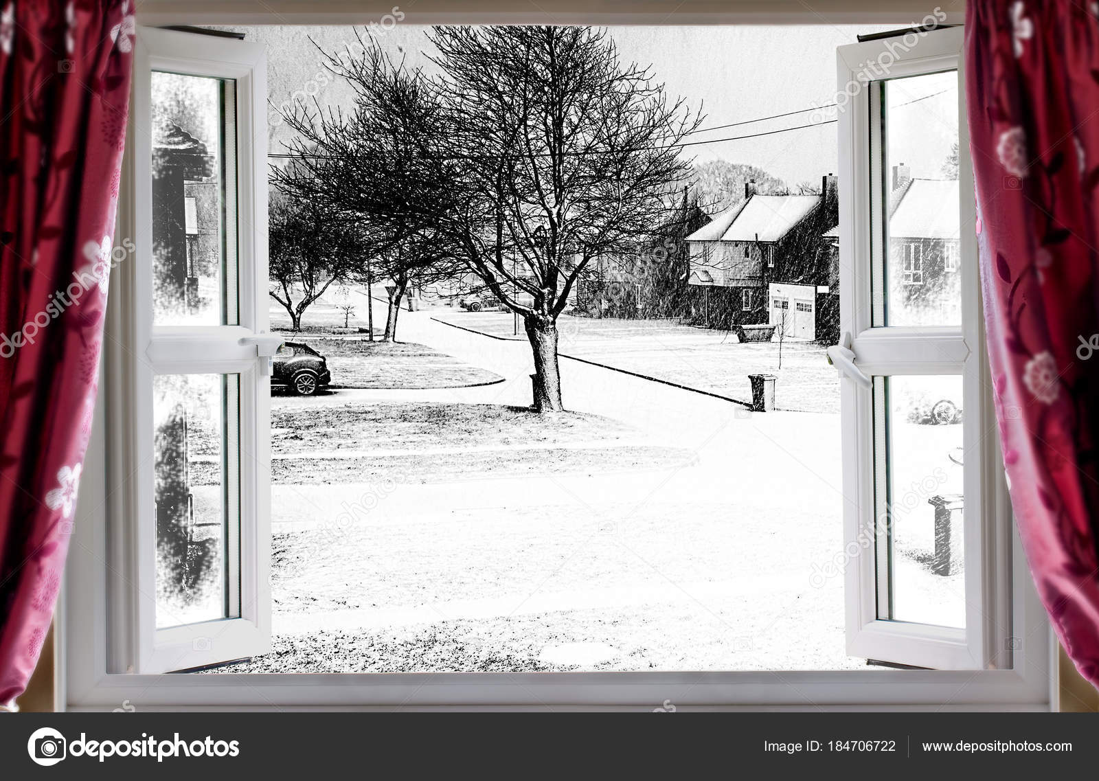Schöne WinterSzene durch ein offenes Fenster — Stockfoto