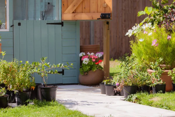 Gartenweg führt zu einem bemalten Schuppen — Stockfoto