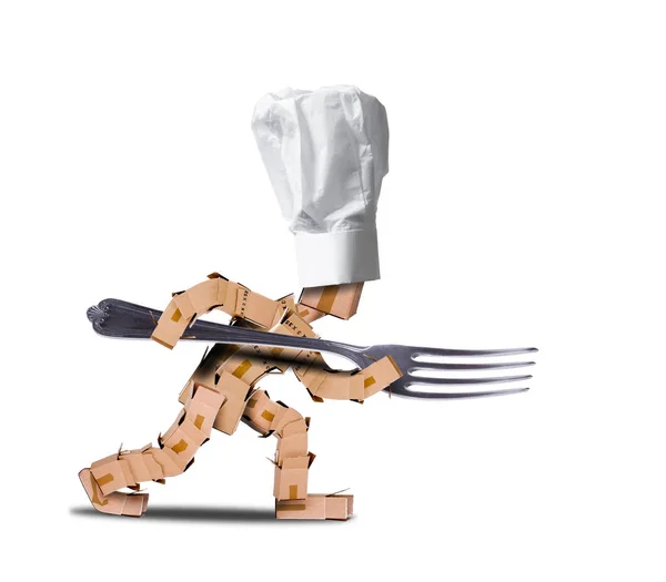 Personagem bonito caixa chef com garfo grande — Fotografia de Stock