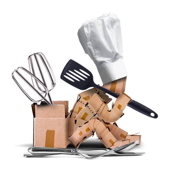 Chef character sat thinking with kitchen tools