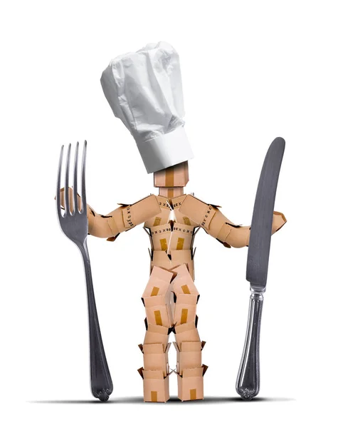 Chef personagem homem caixa com talheres — Fotografia de Stock