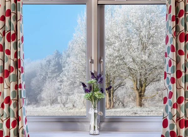 Window looking out to snow landscape — Stock Photo, Image