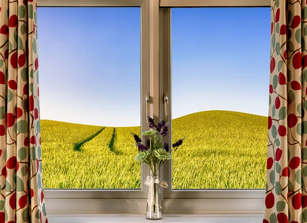 Modern window looking out to fields — Stock Photo, Image