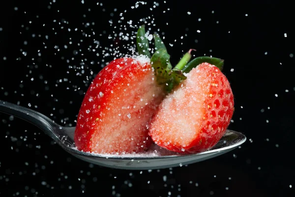 Strawberry Halves Spoon Sugar Granuals Pouring Them Black Background Copy — Stock Photo, Image