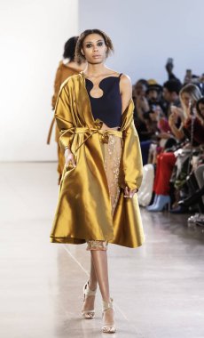 New York, Amerika Birleşik Devletleri - 14 Şubat 2018: Bir model yürür pist Leanne Marshall sonbahar/kış 2018 pist gösterisi sırasında bahar Studios, Manhattan, New York moda haftası için