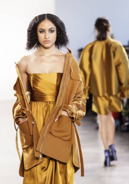 New York, Amerika Birleşik Devletleri - 14 Şubat 2018: Bir model yürür pist Leanne Marshall sonbahar/kış 2018 pist gösterisi sırasında bahar Studios, Manhattan, New York moda haftası için