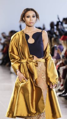 New York, Amerika Birleşik Devletleri - 14 Şubat 2018: Bir model yürür pist Leanne Marshall sonbahar/kış 2018 pist gösterisi sırasında bahar Studios, Manhattan, New York moda haftası için