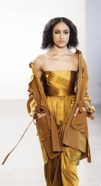 New York, Amerika Birleşik Devletleri - 14 Şubat 2018: Bir model yürür pist Leanne Marshall sonbahar/kış 2018 pist gösterisi sırasında bahar Studios, Manhattan, New York moda haftası için