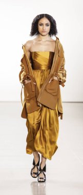 New York, Amerika Birleşik Devletleri - 14 Şubat 2018: Bir model yürür pist Leanne Marshall sonbahar/kış 2018 pist gösterisi sırasında bahar Studios, Manhattan, New York moda haftası için