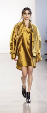 New York, Amerika Birleşik Devletleri - 14 Şubat 2018: Bir model yürür pist Leanne Marshall sonbahar/kış 2018 pist gösterisi sırasında bahar Studios, Manhattan, New York moda haftası için