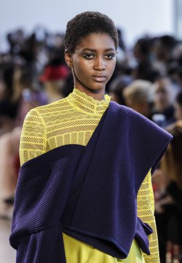 New York, Amerika Birleşik Devletleri - 14 Şubat 2018: Bir model yürür pist Leanne Marshall sonbahar/kış 2018 pist gösterisi sırasında bahar Studios, Manhattan, New York moda haftası için