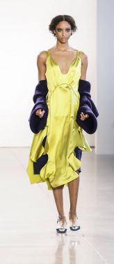 New York, Amerika Birleşik Devletleri - 14 Şubat 2018: Bir model yürür pist Leanne Marshall sonbahar/kış 2018 pist gösterisi sırasında bahar Studios, Manhattan, New York moda haftası için