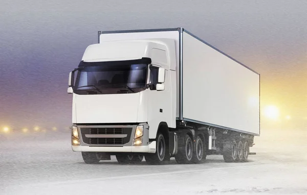 Fehér teherautó a jeges úton a blizzard — Stock Fotó