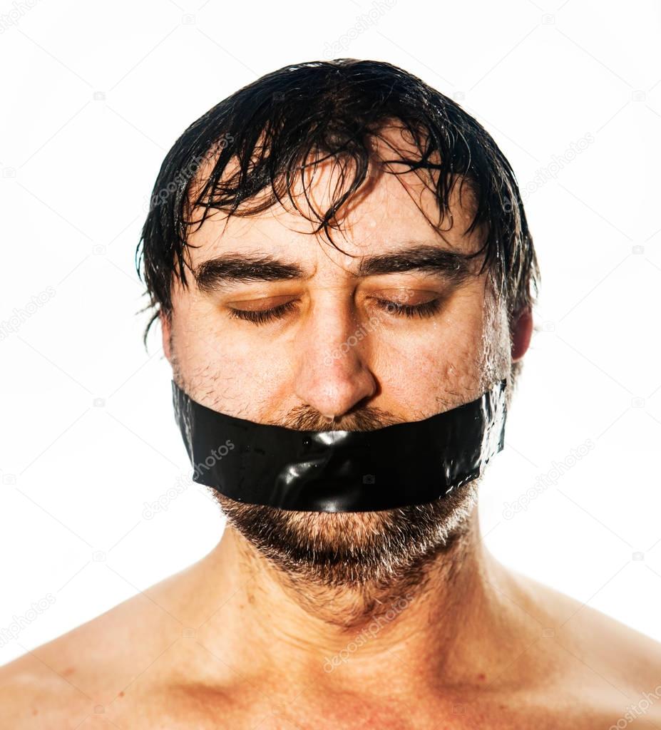 man with black tape