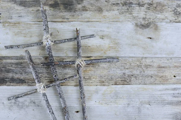 Three Handmade Crosses Lashed Together Twine Rustic Wooden Background Crosses Telifsiz Stok Imajlar