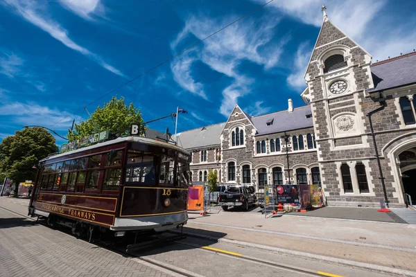 Παλιά Τραμ Και Κτίρια Στο Κέντρο Christchurch Νέα Ζηλανδία — Φωτογραφία Αρχείου