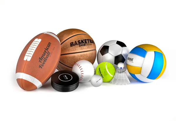 Voetbal, basketbal, voetbal, volleybal, hockeypuck, Honkbal, — Stockfoto