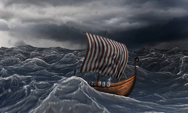 Viking hajó a drámai tengeri hullámban a vihar. — Stock Fotó