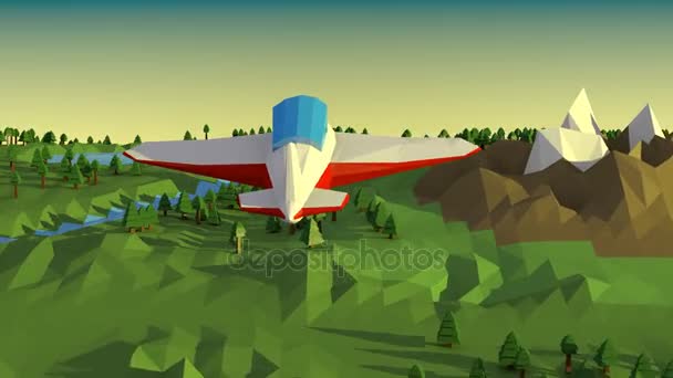 Lage poly landschap met vliegtuig. — Stockvideo