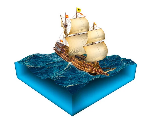 Isolated cube of water with spanish galleon ship — Stock Photo, Image
