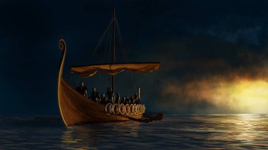 Altın güneş ışığının altında, sakin denizde Viking gemisi. 3B görüntüleme ve dijital resim çizimi.