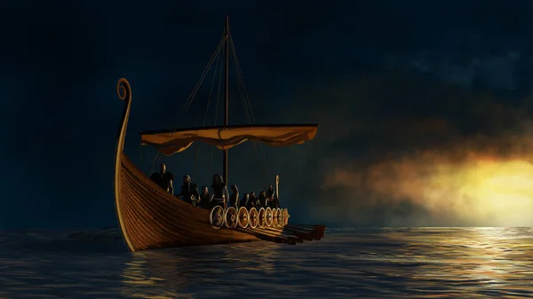 Viking Ship Calm Sea Gold Sunshine Render Digital Painting Illustration — Stock Photo, Image