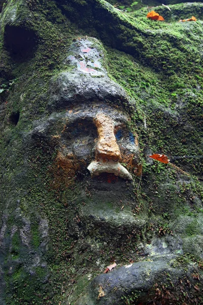 Face of dwarf covered by moss - old rock relief — Stock Photo, Image