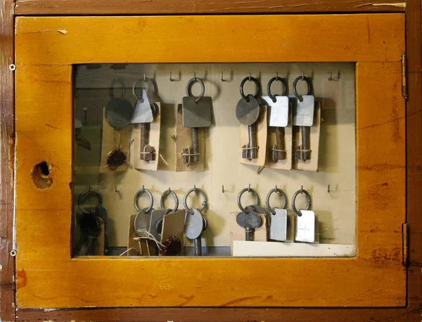 Старый стеклянный футляр со старыми ключами — стоковое фото