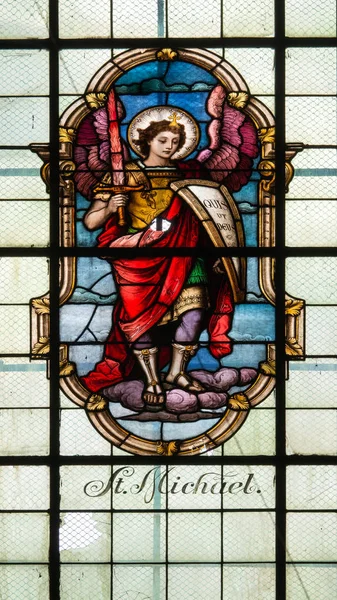 St Michael - stained glass window in the church of the Visitatio — Stock Photo, Image