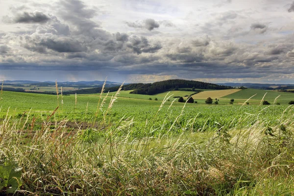 Campo com nuvens chuvosas — Fotografia de Stock