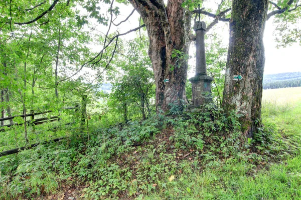 Old wayside cross on the crossroad — Stock Photo, Image