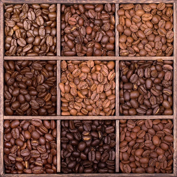Caja de almacenamiento de madera llena de granos de café —  Fotos de Stock