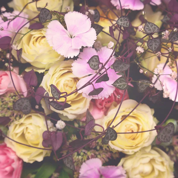 Rosas amarelas e cravos rosa — Fotografia de Stock