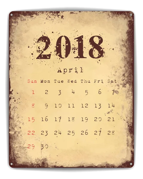 2018 Placa de hojalata calendario abril — Vector de stock