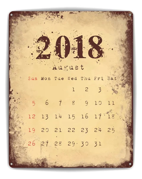 Calendrier des plaques d'étain 2018 août — Image vectorielle