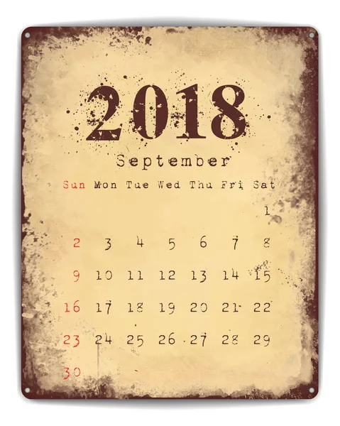 Calendrier des plaques d'étain 2018 septembre — Image vectorielle