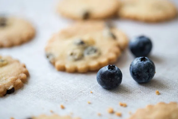 Blueberry Shortbread Blueberries Linin Tablecloth Selective Focus Fruit — Stock Photo, Image