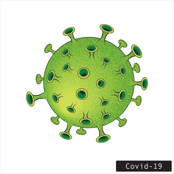 Cornoavirus Verde Aislado Sobre Fondo Blanco Con Una Etiqueta Covid — Archivo Imágenes Vectoriales